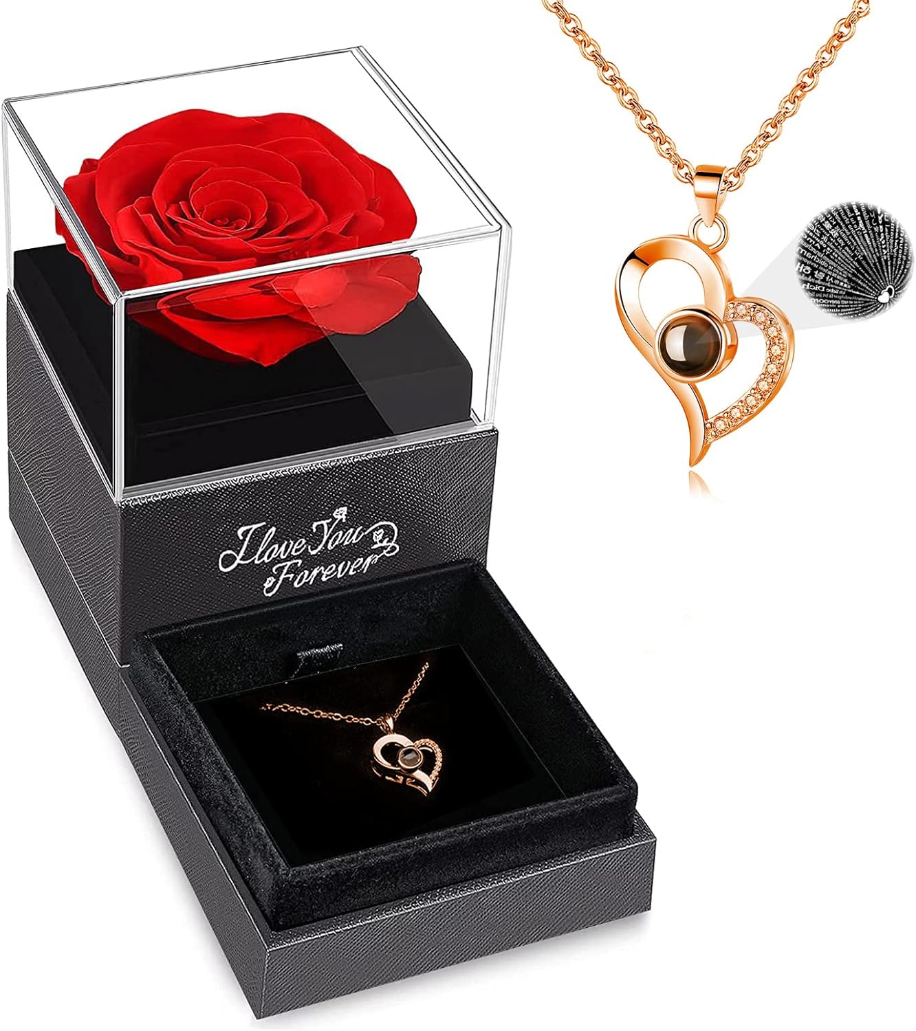 Preserved Real Rose with I Love You Necklace