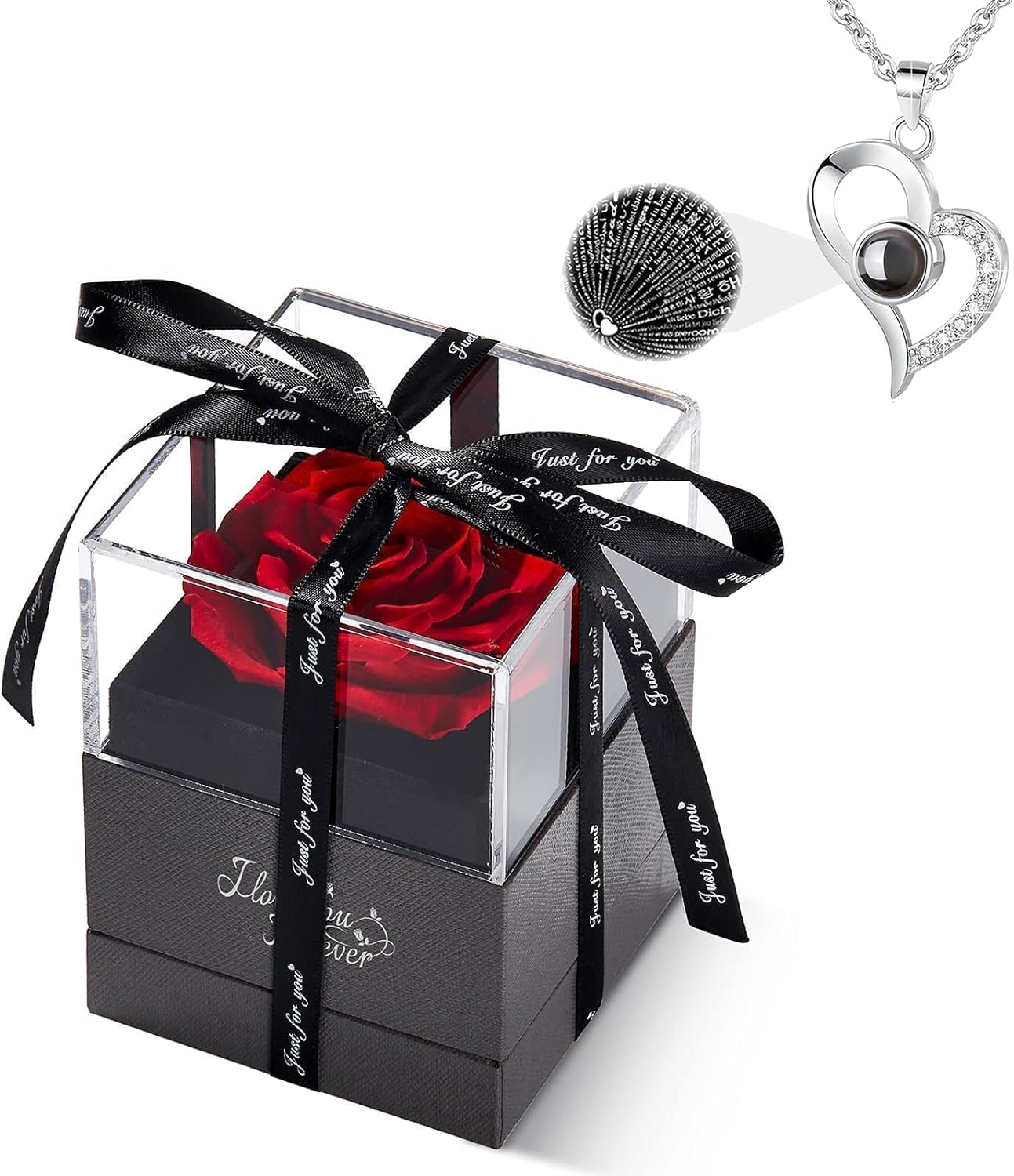 Preserved Real Rose with I Love You Necklace